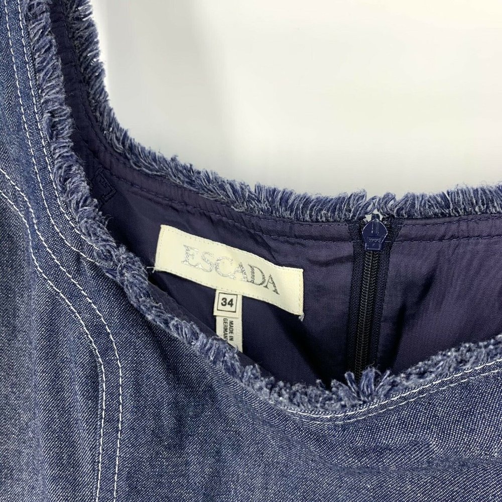 Escada Denim Dress Small Blue Jean Fray Sleeveless Sheath - Picture 3 of 9